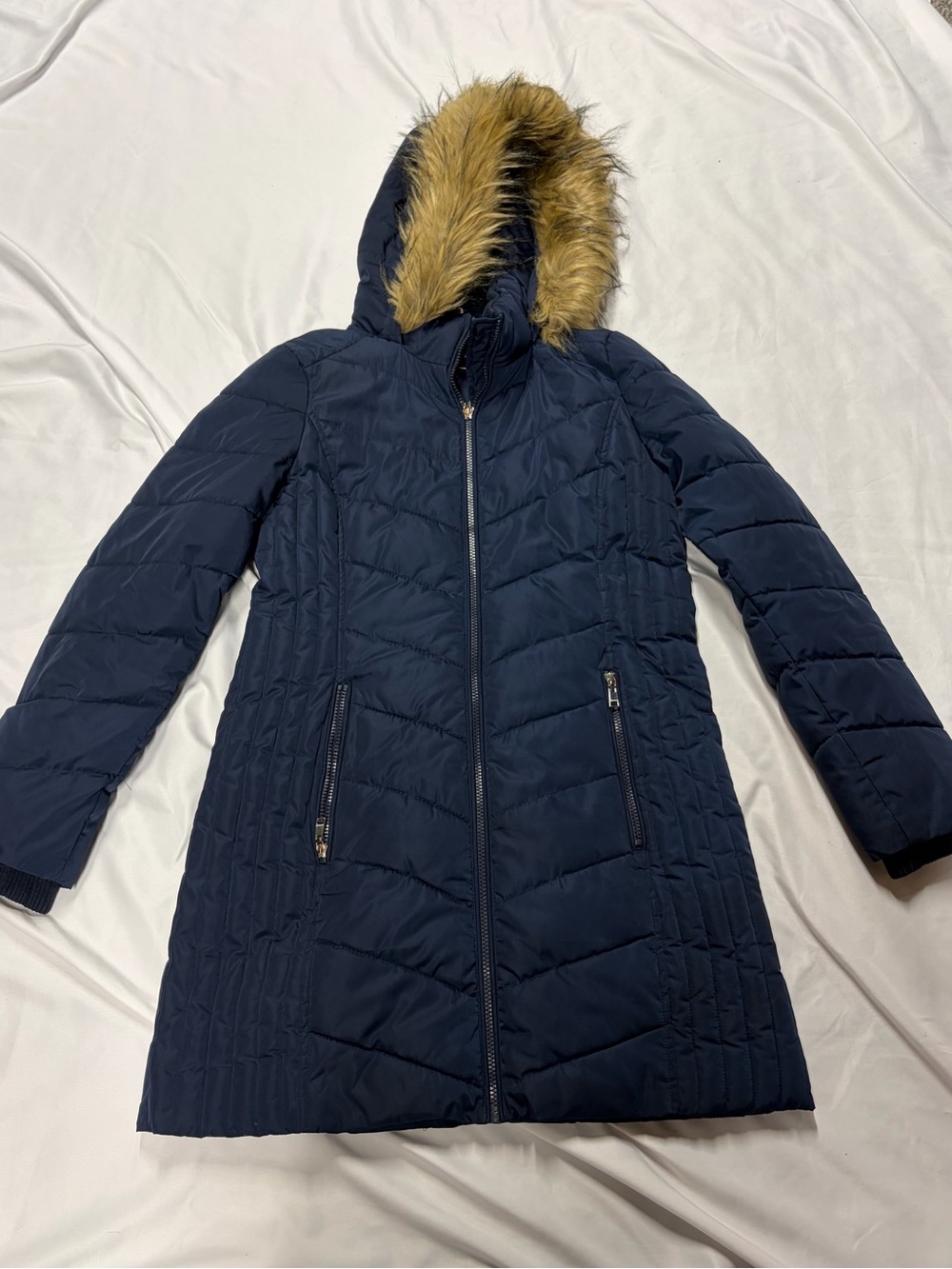 Tommy Hilfiger Navy Quilted Hooded Puffer with Faux Fur Trim Lot C